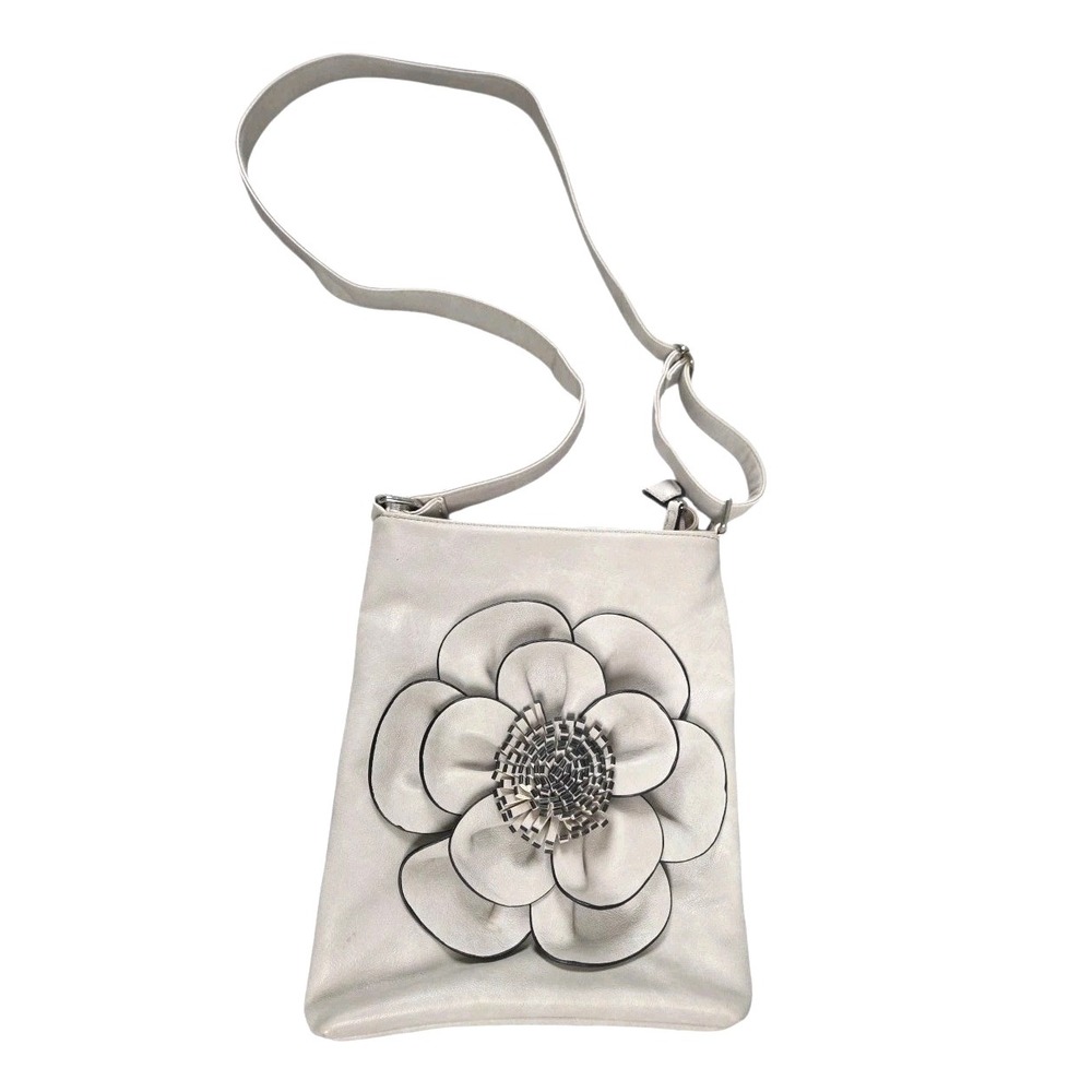 Boutique To U Crossbody Bag Lt Gray Flower Accent Adjustable Strap Fabric Inside